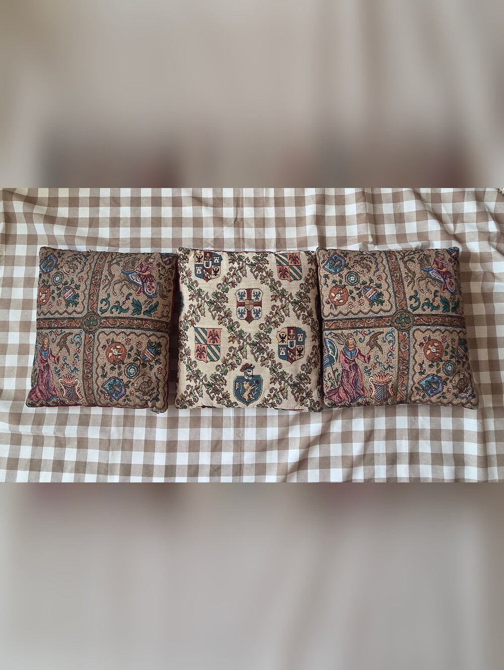 Set of 3 Tapestry Decorative Throw Pillows - Beige & Multicolor